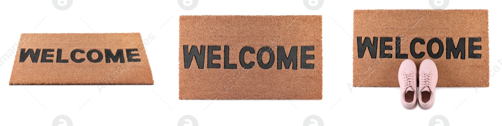 Image of Door mats with word WELCOME and shoes on white background. Banner design