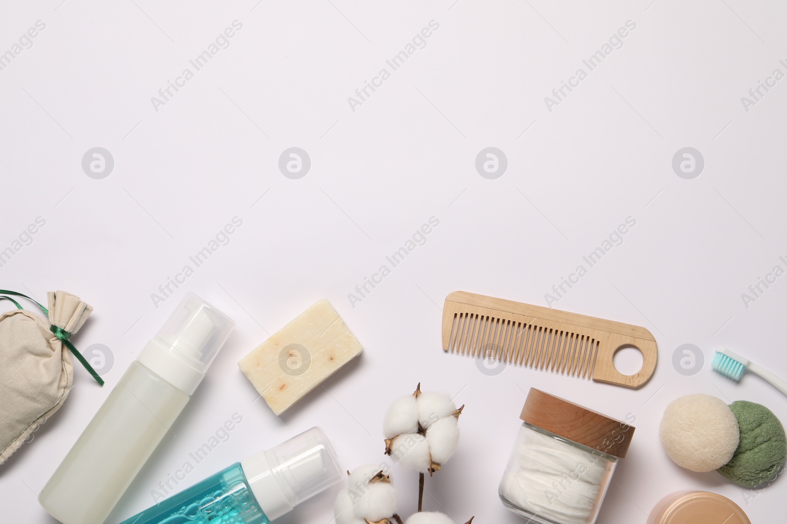 Photo of Bath accessories. Flat lay composition with personal care products on white background, space for text