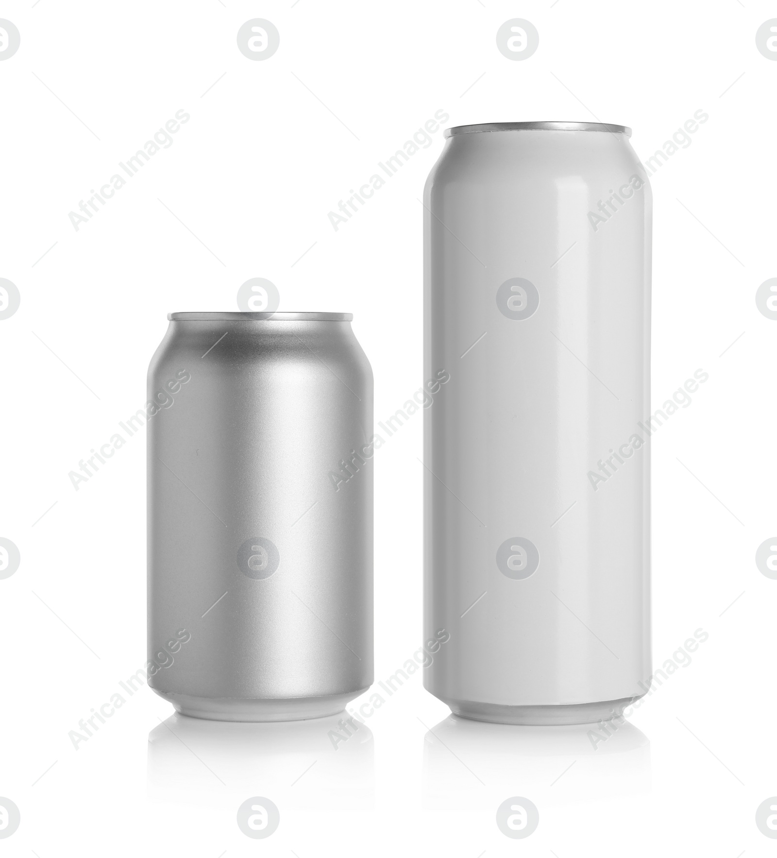 Photo of Aluminum cans with drinks on white background