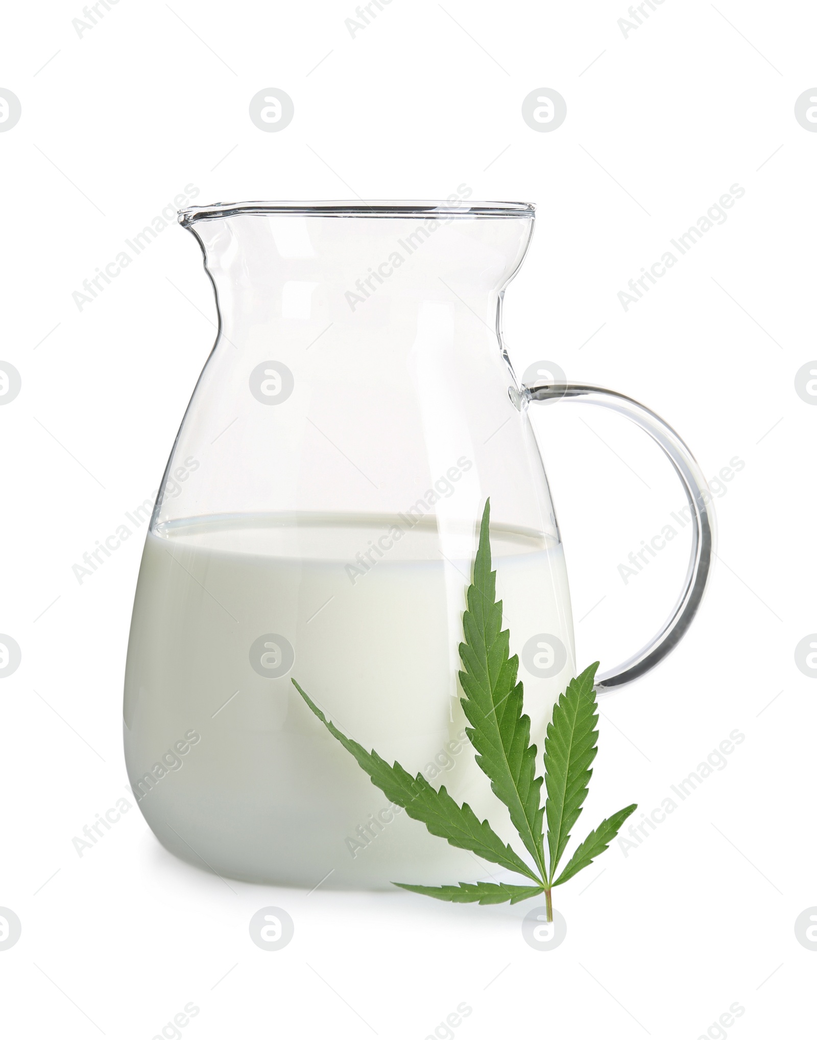 Photo of Glass jug with hemp milk on white background