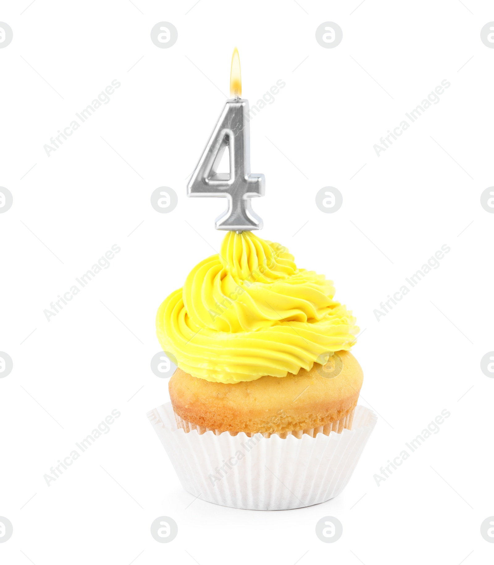 Photo of Birthday cupcake with number four candle on white background