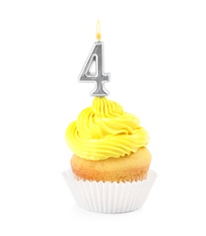 Birthday cupcake with number four candle on white background