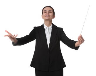 Photo of Happy young conductor with baton on white background