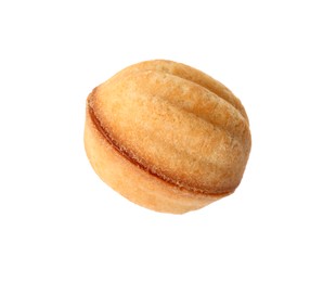 Photo of Delicious nut shaped cookie with condensed milk isolated on white