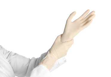 Photo of Doctor wearing medical gloves on white background