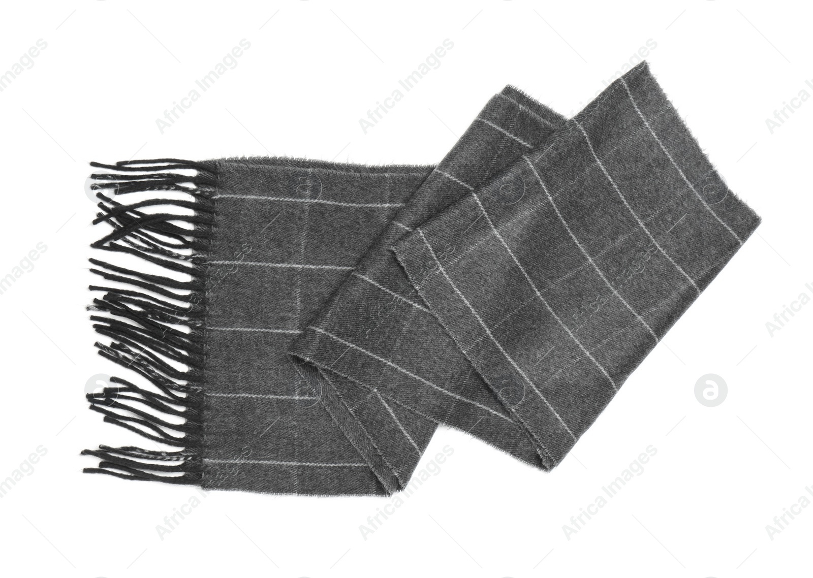 Photo of Stylish grey cashmere scarf isolated on white, top view