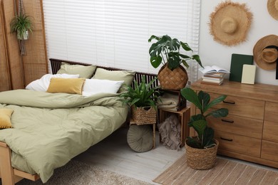 Comfortable bed and beautiful green houseplants in bedroom