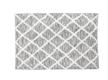 Photo of Stylish grey rug isolated on white, top view. Interior accessory