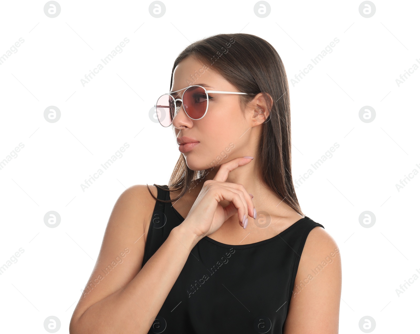 Photo of Beautiful young woman wearing sunglasses on white background