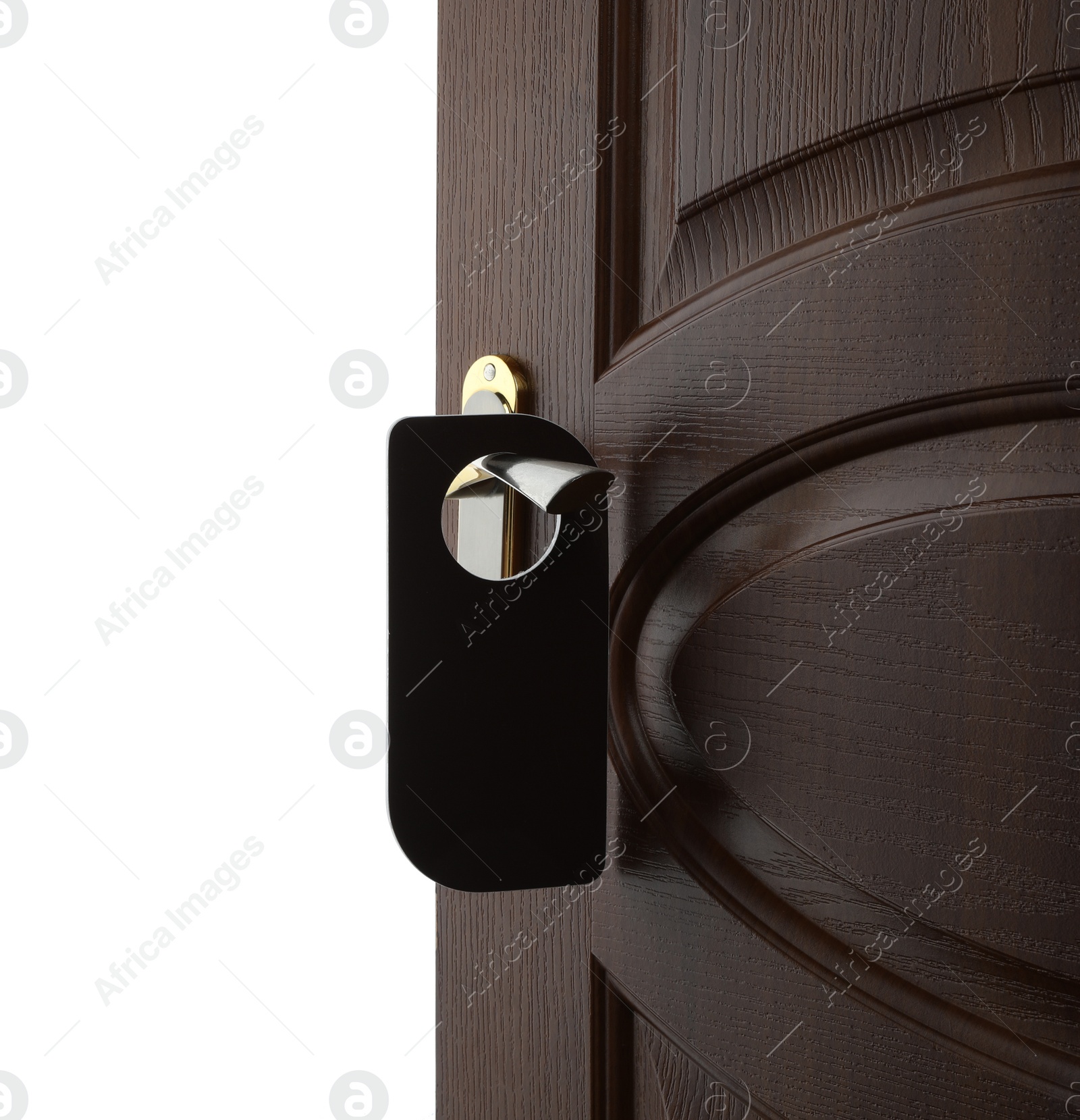 Photo of Hotel wooden door with blank hanger on white background, closeup