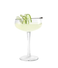 Photo of Glass of tasty martini with cucumber on white background