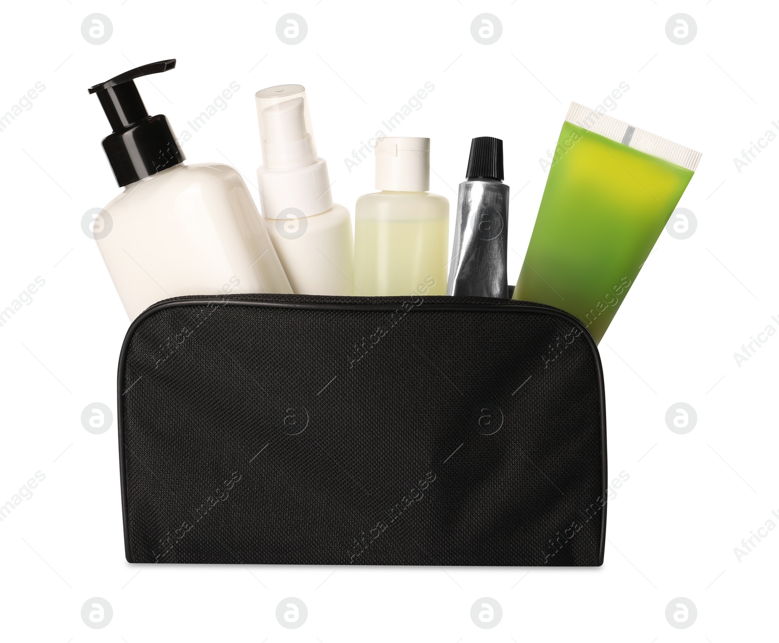 Photo of Preparation for spa. Compact toiletry bag with different cosmetic products isolated on white