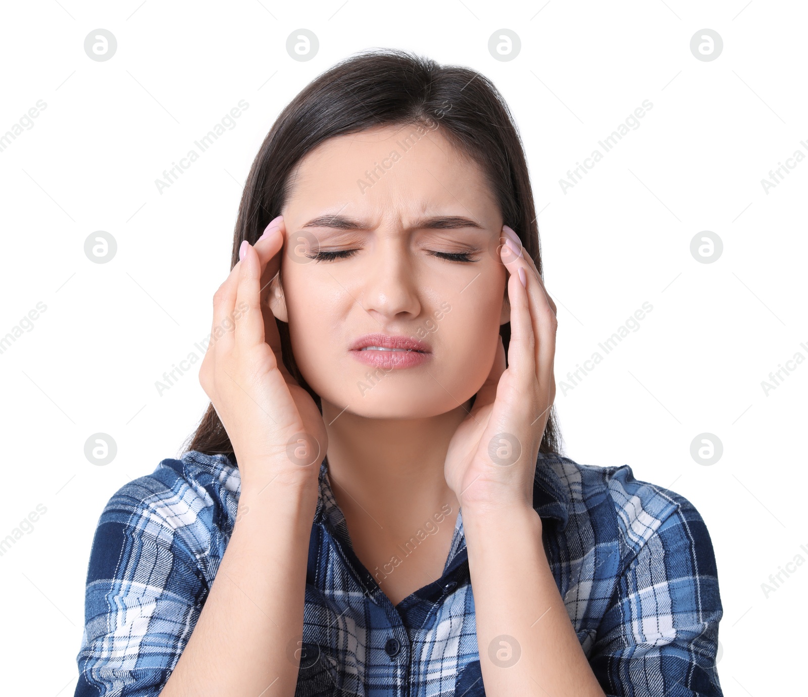 Photo of Beautiful young woman suffering from headache on white background