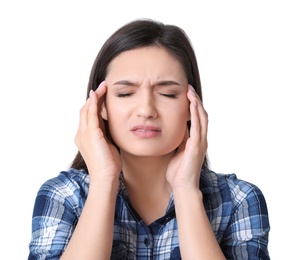 Photo of Beautiful young woman suffering from headache on white background