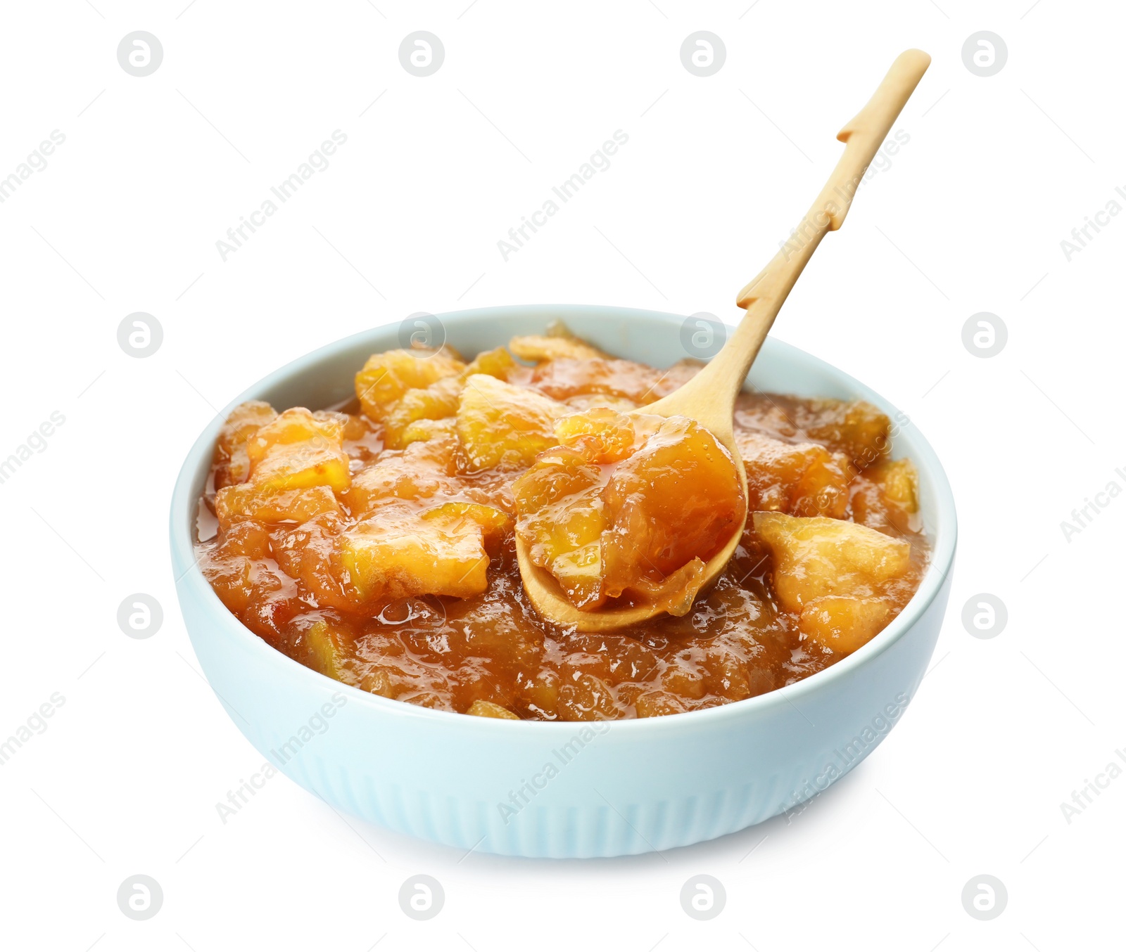 Photo of Tasty apple jam and spoon in bowl isolated on white