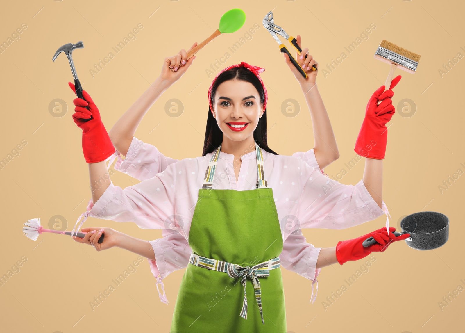 Image of Multitask housewife with many hands holding different stuff on beige background