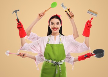 Image of Multitask housewife with many hands holding different stuff on beige background
