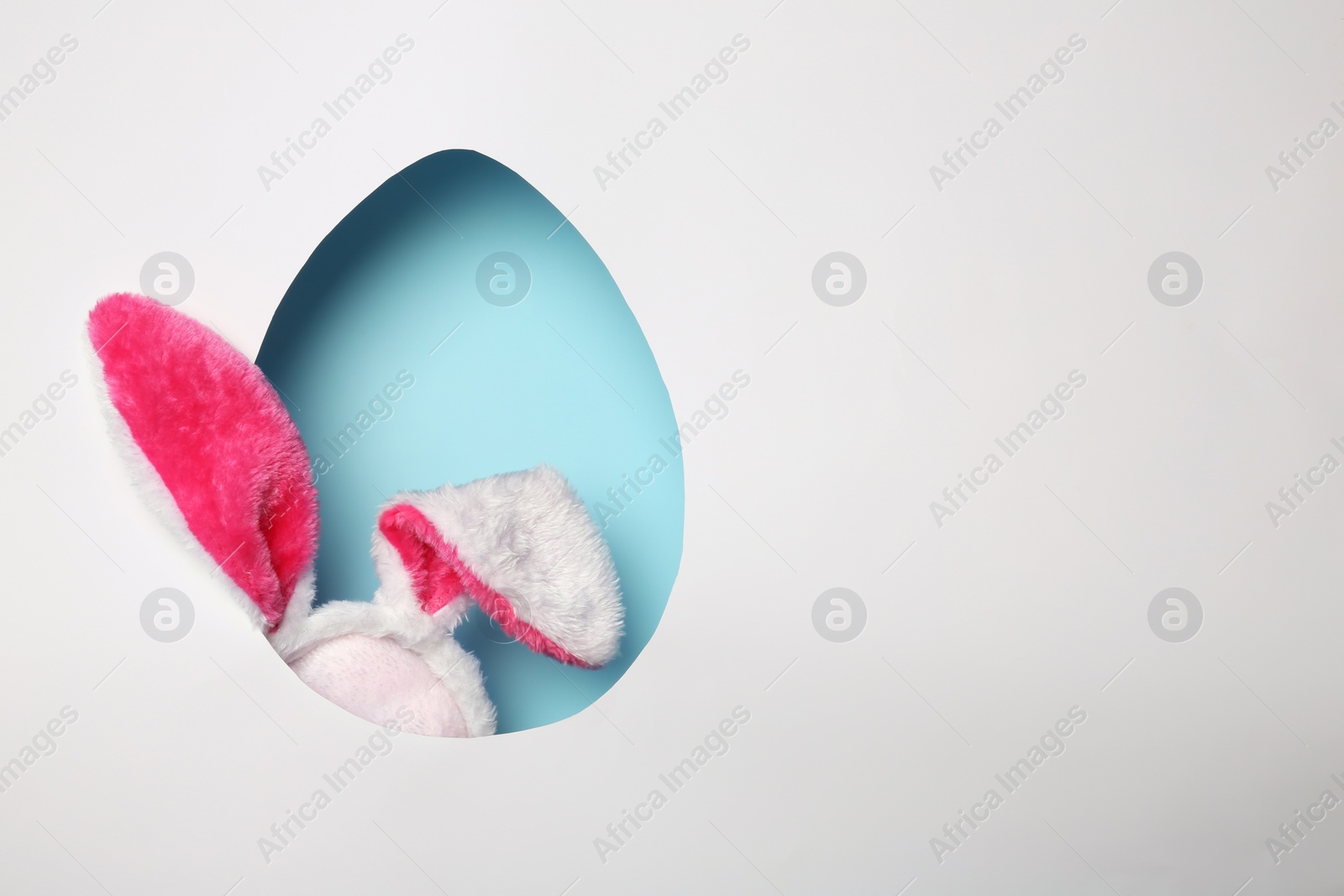 Photo of View of furry Easter bunny ears on color background through egg shaped hole, space for text