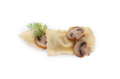 Photo of Delicious ravioli with mushroom and dill isolated on white