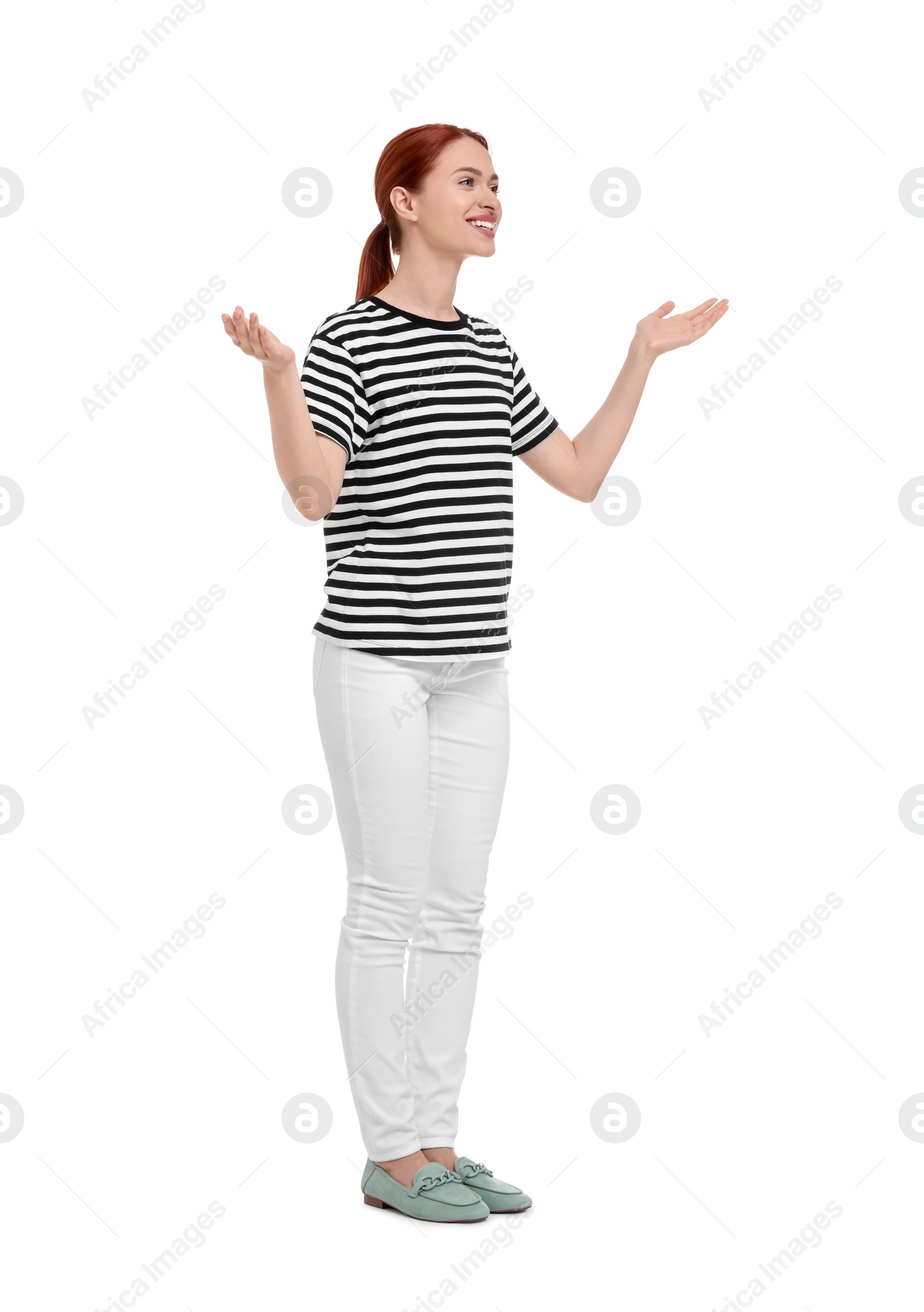 Photo of Portrait of happy woman on white background