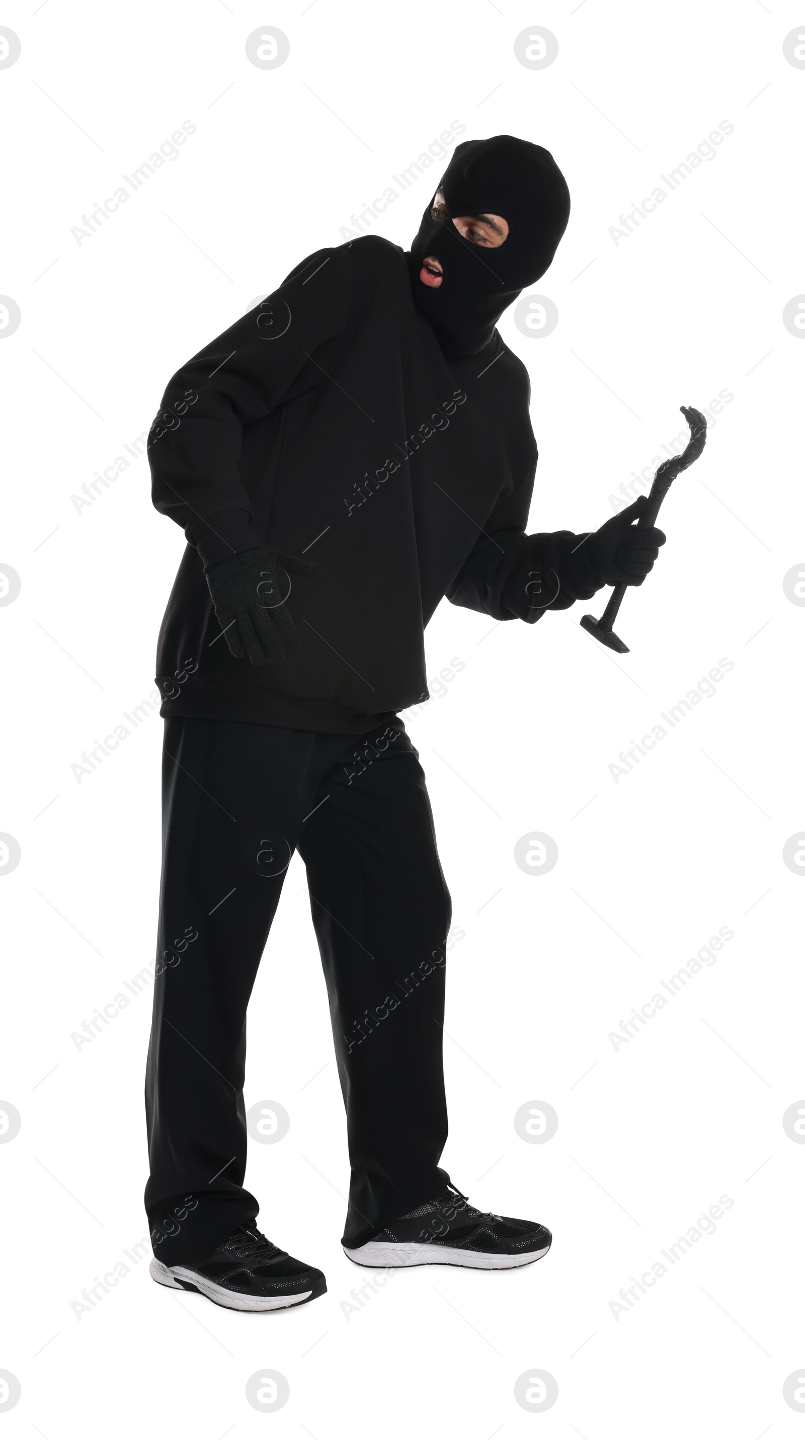 Photo of Thief in balaclava with crowbar on white background