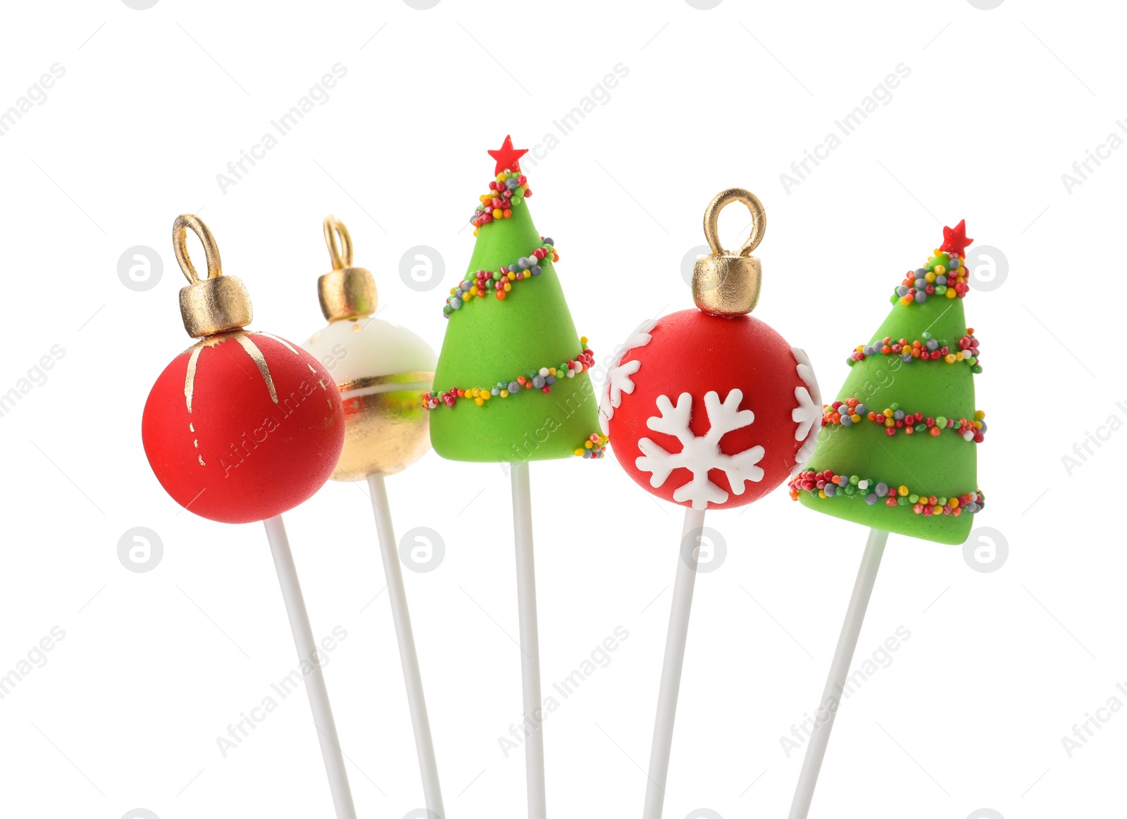 Photo of Delicious Christmas themed cake pops isolated on white