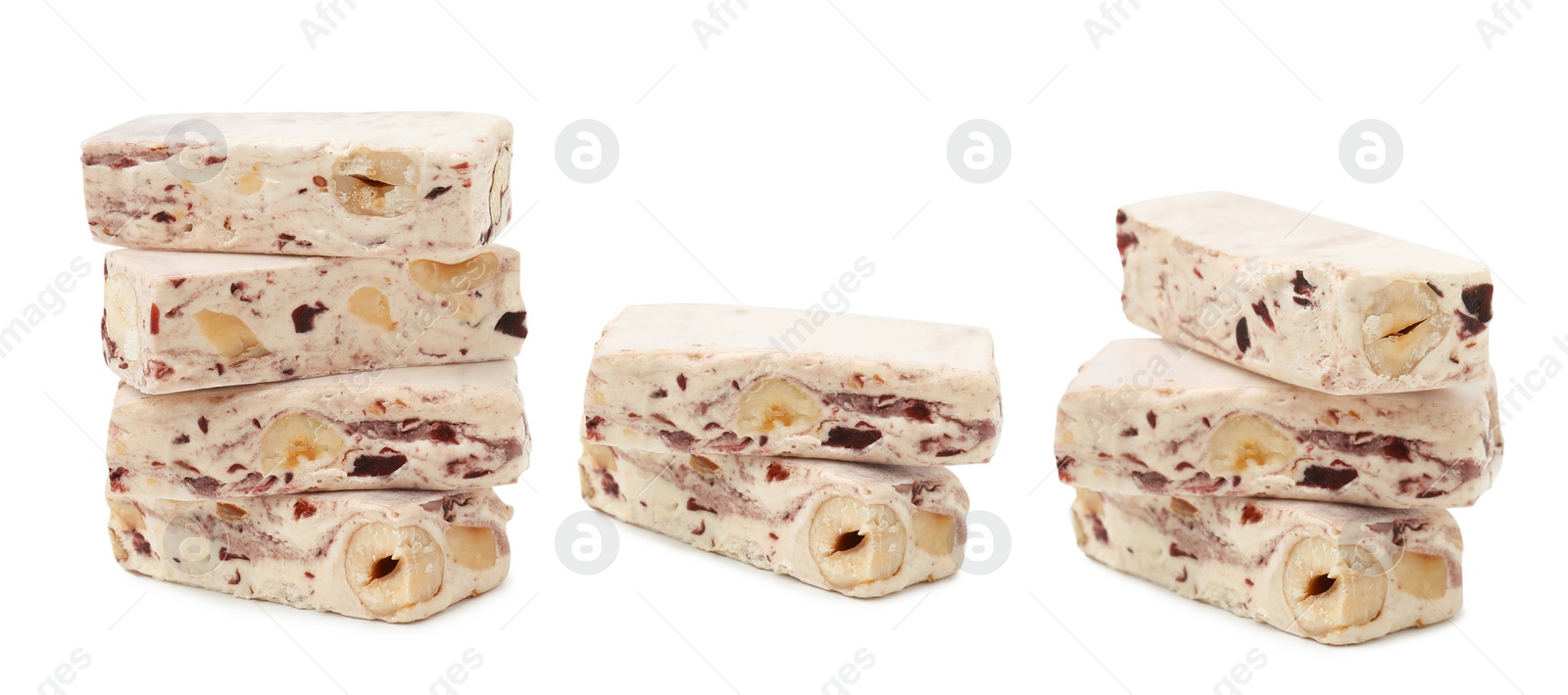 Image of Delicious nougat with nuts on white background, collage design