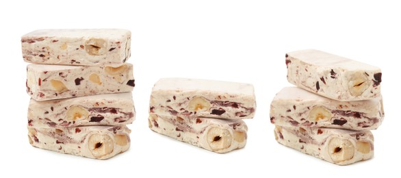 Image of Delicious nougat with nuts on white background, collage design