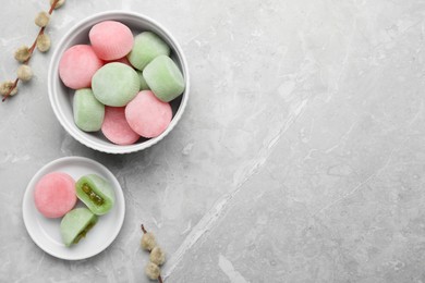 Photo of Delicious mochi and willow branches on light grey marble table, flat lay with space for text. Traditional Japanese dessert