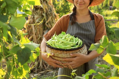 Photo of Woman holding fresh green beans in wicker basket outdoors on sunny day, closeup