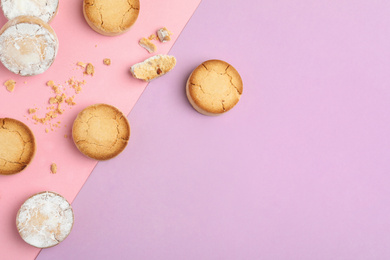 Photo of Delicious cookies on color background, flat lay. Space for text
