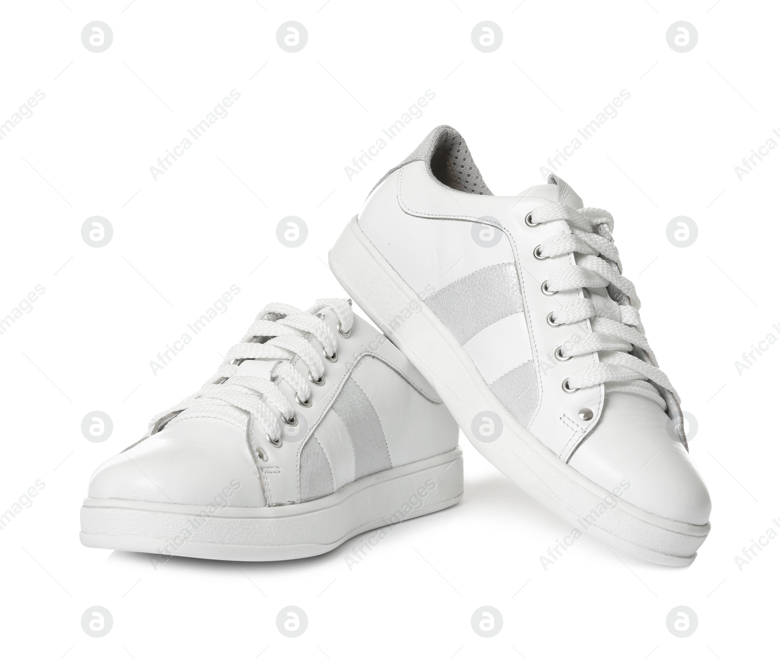 Photo of Pair of stylish modern shoes on white background