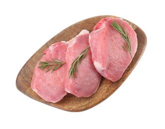 Photo of Wooden board with pieces of raw pork meat and rosemary isolated on white, top view