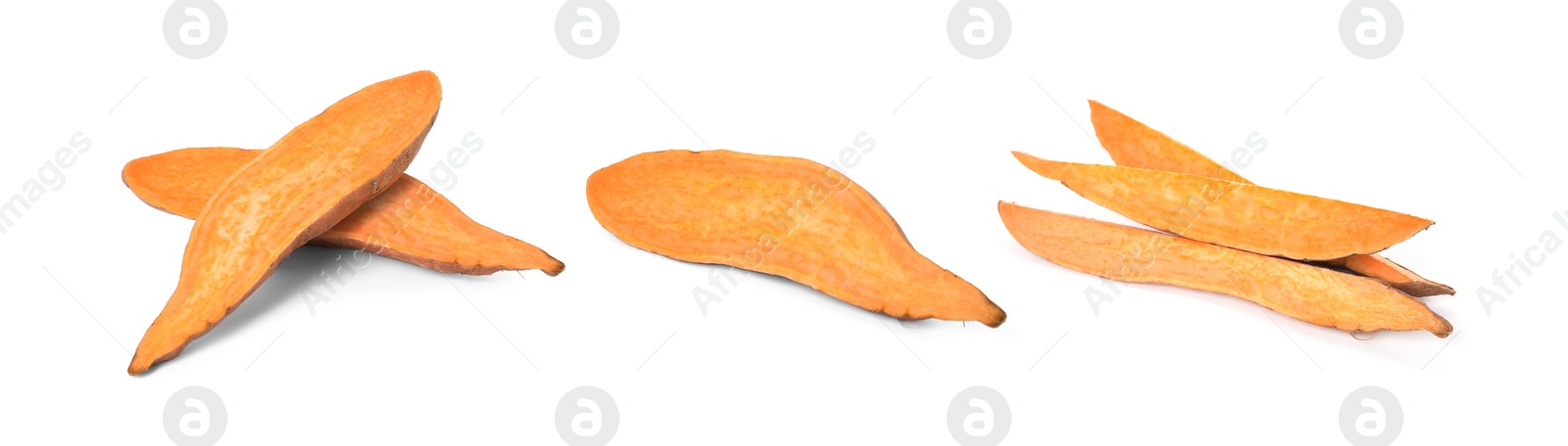 Image of Set with fresh sweet potatoes on white background. Banner design