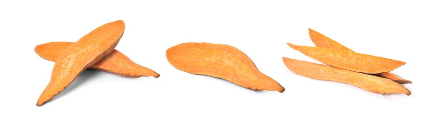 Image of Set with fresh sweet potatoes on white background. Banner design