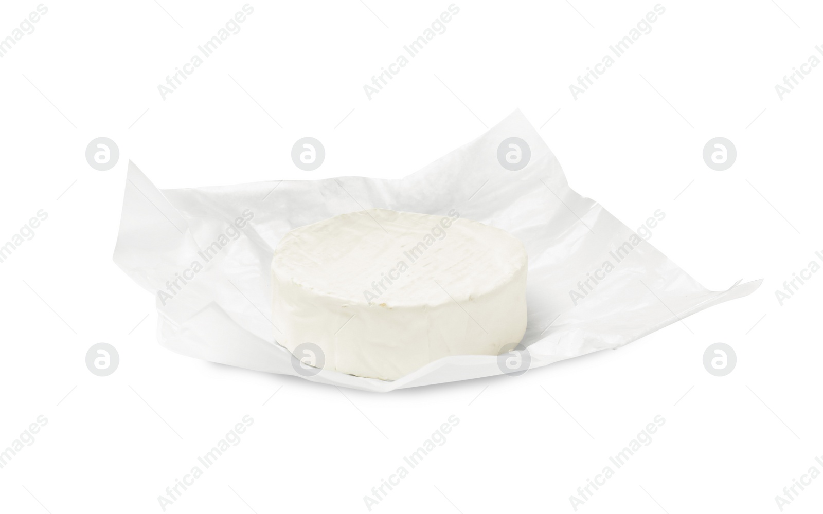 Photo of Tasty brie cheese with wrapper isolated on white