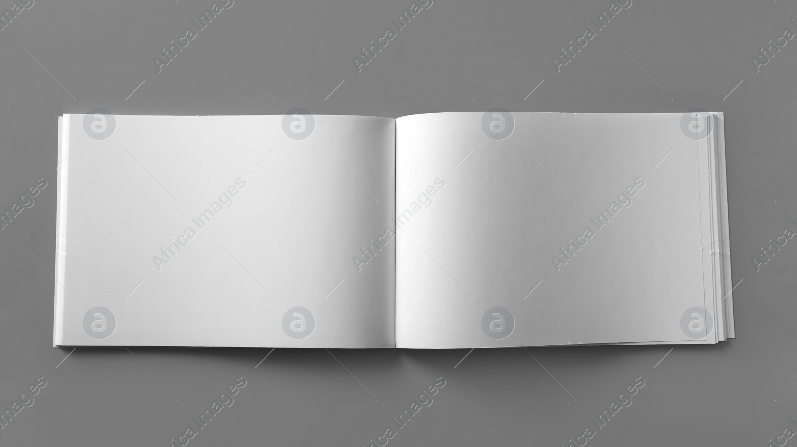 Photo of Open blank brochure on light grey background, top view