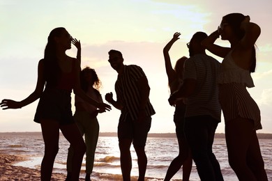 Image of Friends dancing on sandy beach during summer party. Silhouettes of people near river