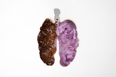 Photo of No smoking concept. Top view of flowers and dry tobacco through burned lungs shaped paper