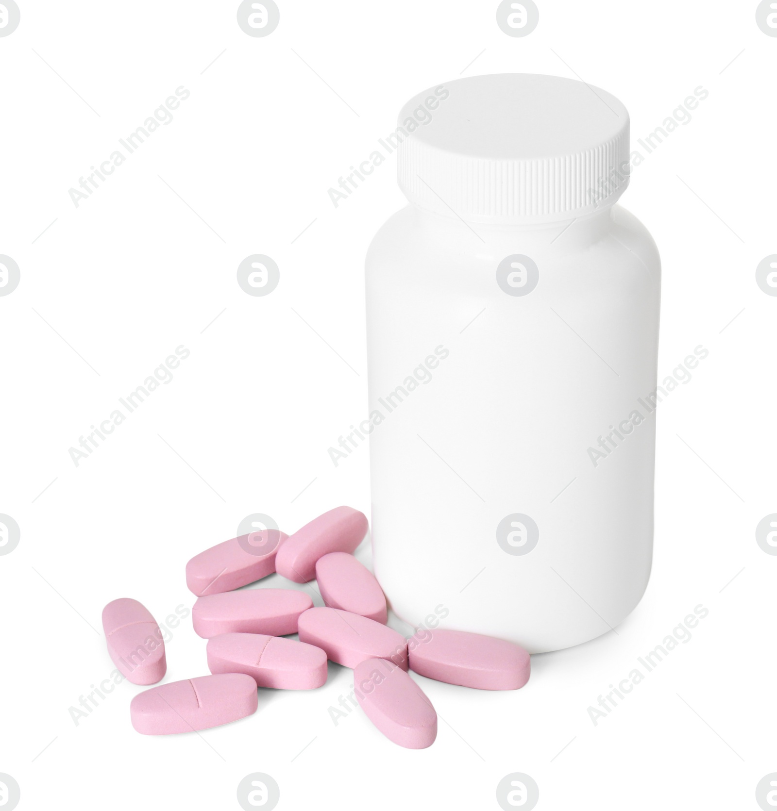 Photo of Bottle and pile of vitamin pills isolated on white