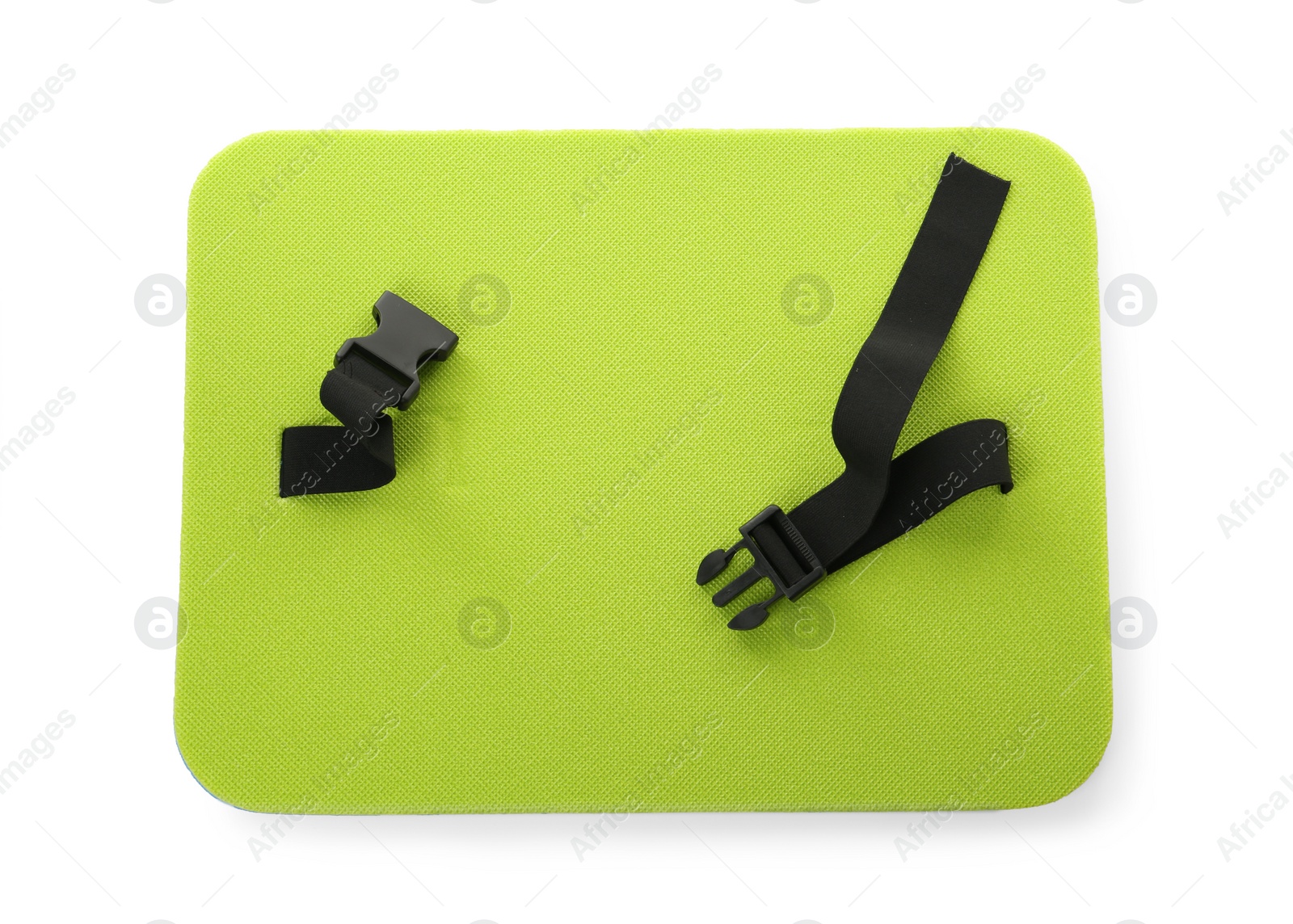 Photo of Light green foam seat mat for tourist isolated on white, top view