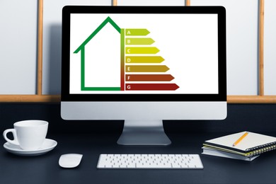 Energy efficiency rating on display. Workplace with modern computer