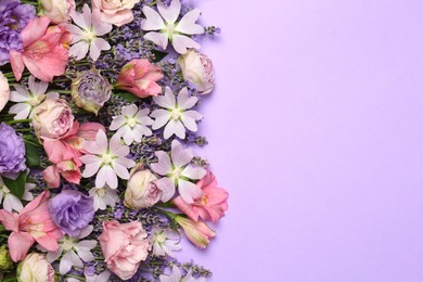Photo of Flat lay composition with different beautiful flowers on violet background, space for text