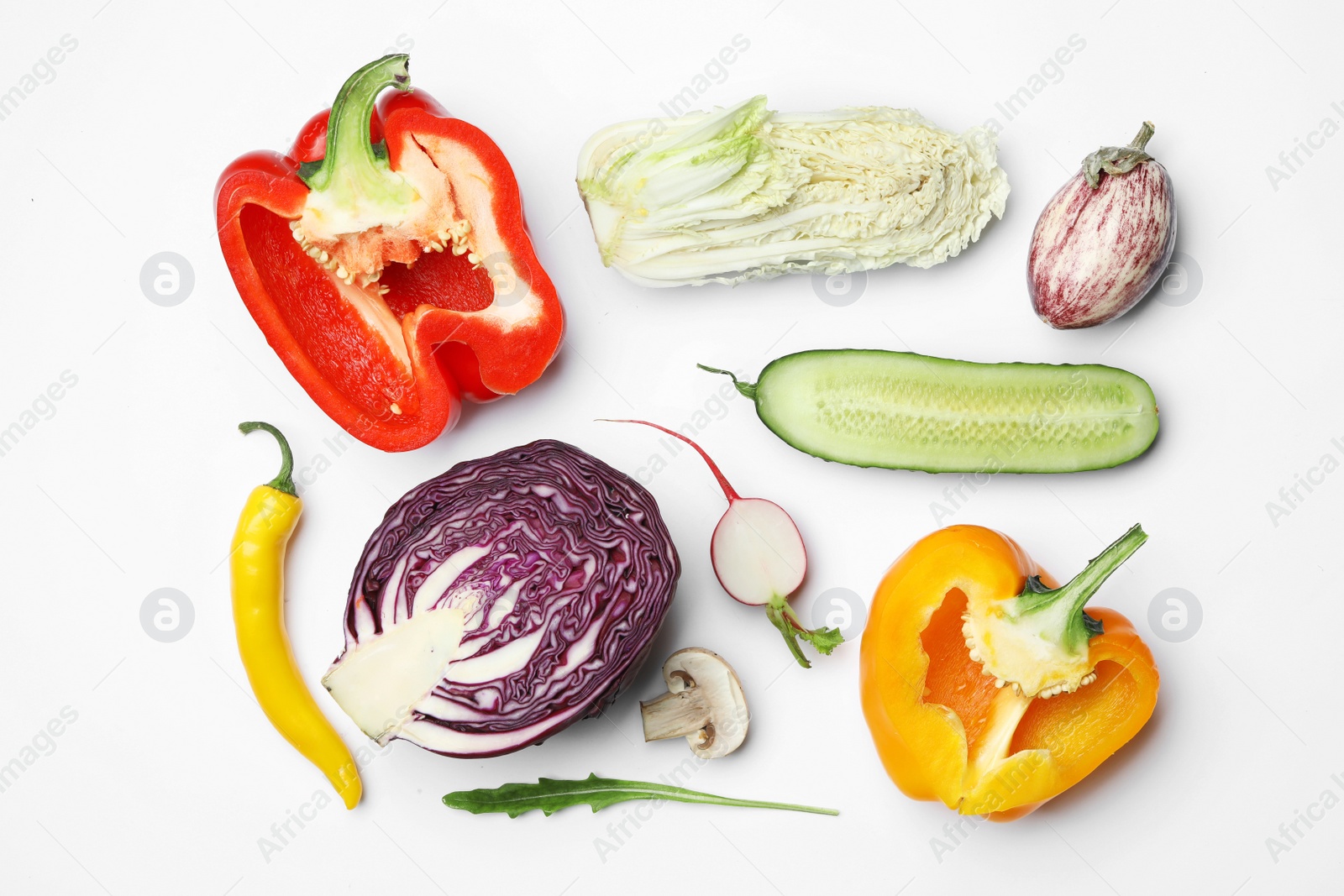 Photo of Flat lay composition with fresh ripe vegetables on white background