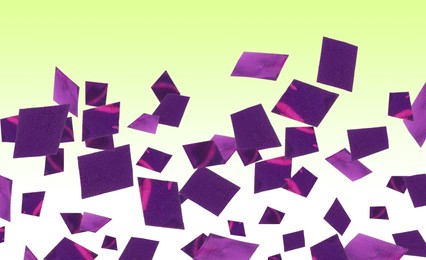 Image of Shiny purple confetti falling on gradient background. Banner design