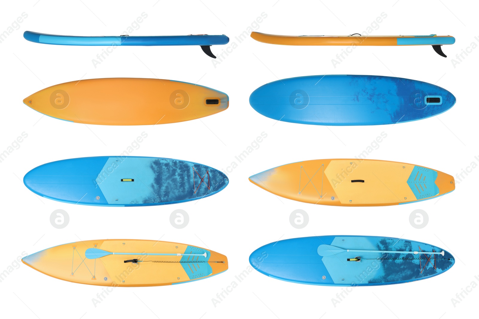 Image of Collage with SUP boards with paddle isolated on white, different sides