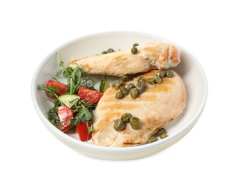 Photo of Delicious cooked chicken fillets with capers and salad on white background