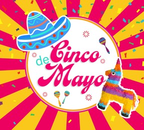 Image of Cinco de Mayo festive poster. Bright funny pinata on color background