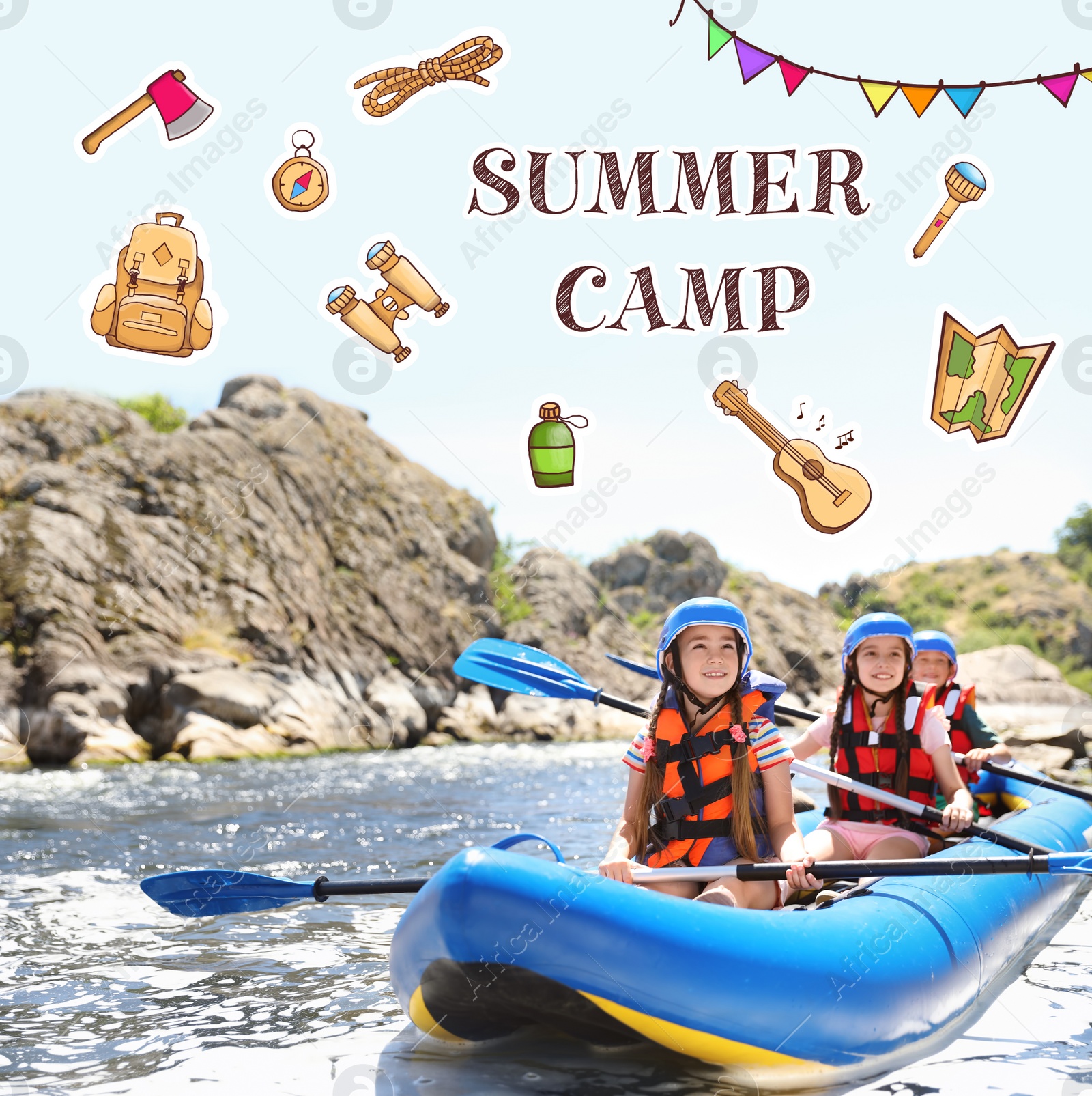 Image of Children at summer camp. Illustrations on background