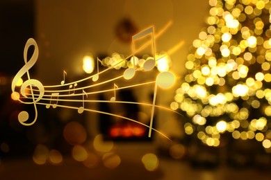 Music notes and blurred view of room decorated for Christmas and New Year celebration, bokeh effect